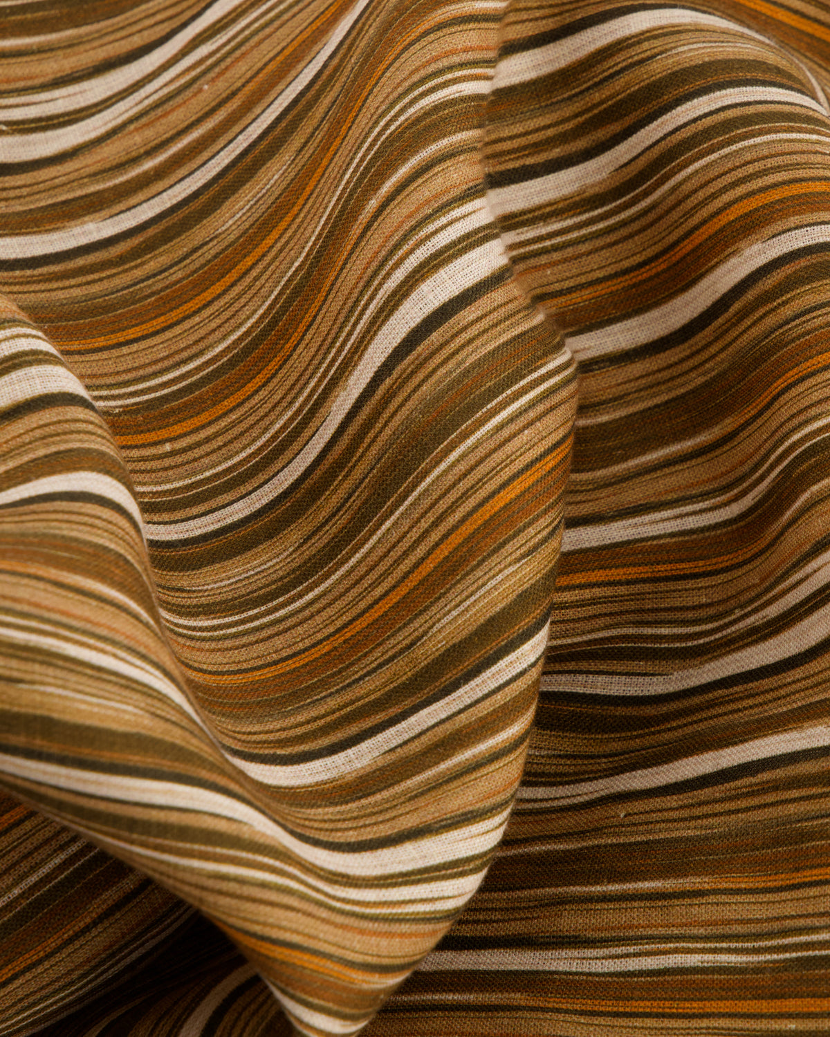 Close up of belgian printed linen fabric with stripes. 