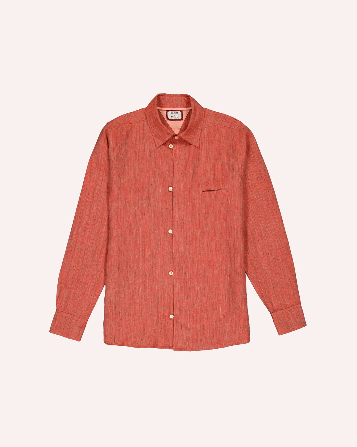 The front side of a motted terracota belgian linen shirt with an 80s style. 
